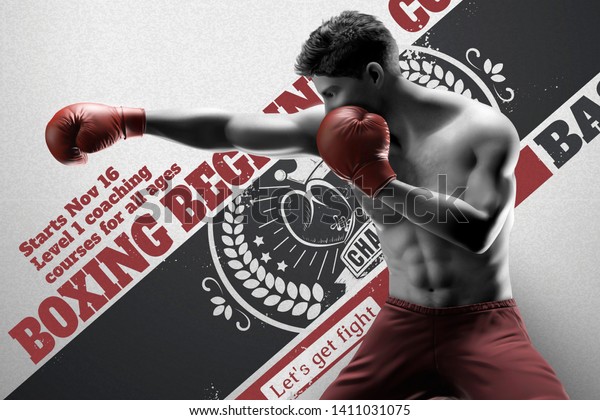 Handsome boxer throwing a right cross in 3d gym wall mural illustration, grey and red tone