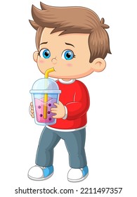 The Handsome Boy Is Thirsty And He Drinks Big Strawberry Boba Drink Of Illustration