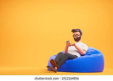 Handsome cartoon beard character man in white t-shirt relax at blue bean bag armchair  and use smartphone over yellow background. 3d render illustration.