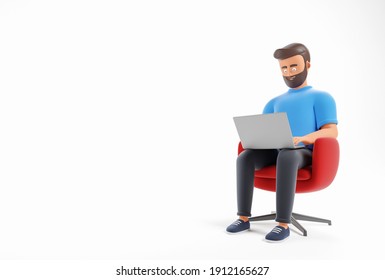 Handsome cartoon beard character man working with laptop at the red armchair isolated over white background. Home office concept. 3d render illustration.