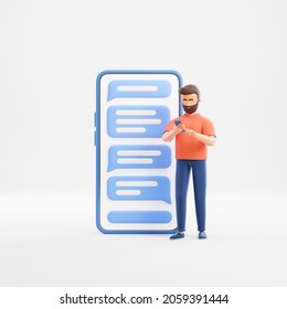 Handsome cartoon beard character man use smartphone stand near big phone with message text bubbles ui interface over white background. 3d render illustration - Powered by Shutterstock