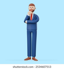 Handsome cartoon businessman touch chin and dream about success, make decision isolated over blue background. 3d render illustration. - Powered by Shutterstock