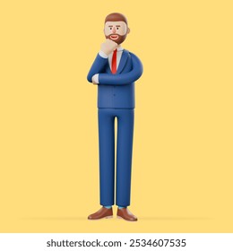 Handsome cartoon businessman touch chin and dream about success, make decision isolated over yellow background. 3d render illustration. - Powered by Shutterstock