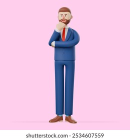 Handsome cartoon businessman touch chin and dream about success, make decision isolated over pink background. 3d render illustration. - Powered by Shutterstock