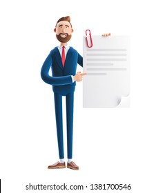 Handsome Cartoon Character Billy Holds A Completed Document. 3d Illustration