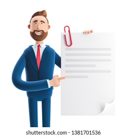 Handsome cartoon character Billy holds a completed document. 3d illustration