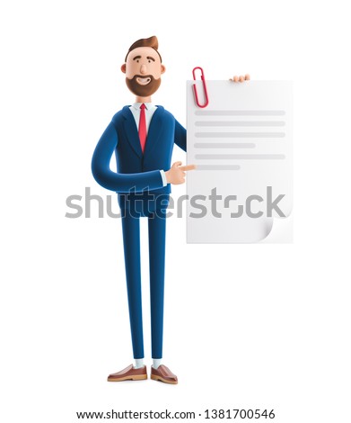 Handsome cartoon character Billy holds a completed document. 3d illustration ストックフォト © 