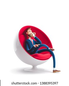 Handsome cartoon character Billy sitting in an egg chair and talking on the phone. 3d illustration