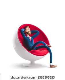 Handsome cartoon character Billy sitting in an egg chair and and resting in a calm pose. 3d illustration