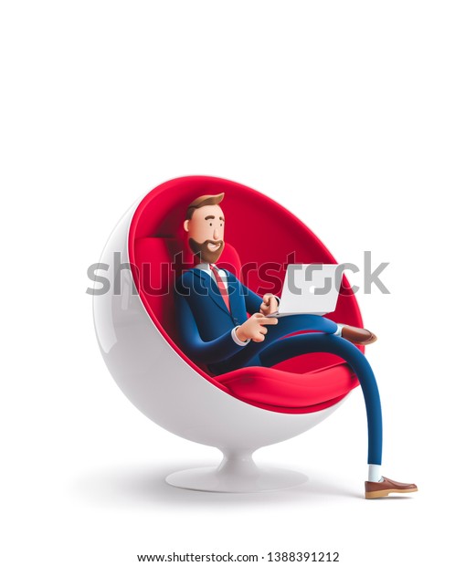 ハンサムな漫画のキャラクター ビリーがノートパソコンを使って卵の椅子に座っている 3dイラスト のイラスト素材