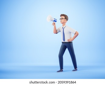 Handsome cartoon character businessman doing announcement with loudspeaker over blue background with copy space. 3d render illustration.