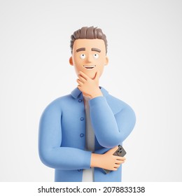 Handsome Cartoon Character Man In Blue Shirt With Phone Dream Think About Isolated Over White Background. 3d Render Illustration.