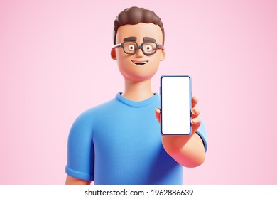 Handsome cartoon character man in glases show smartphone with white blank mock up screen over pink background. 3d render illustration.