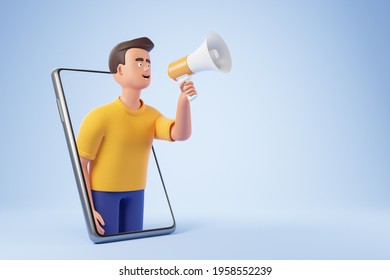 Handsome cartoon character man holding loudspeaker and making announcement from smartphone over blue background. Internet advertising concept. 3d render illustration. - Powered by Shutterstock