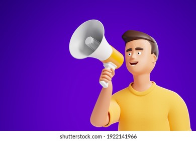 handsome cartoon character man in yellow shirt making announcement with megaphone loudspeaker  over purple background. 3d render illustration.