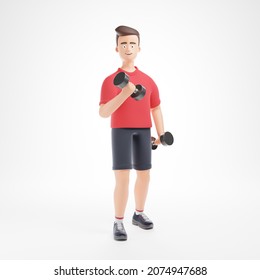 Handsome cartoon fit character man in red t-shirt make exercise with dumbbell isolated over white background. 3d render illustration.