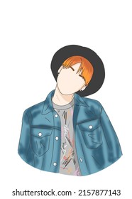 A Handsome Korean Idol Boy With Orange Hair, Fair Skin, Blue Coat And Black Hat