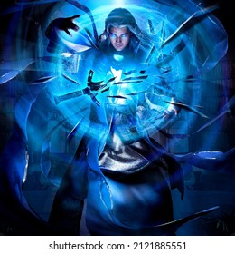 A handsome, long-haired young wizard with sky-blue glowing eyes in a long robe splits the sword into many sharp fragments with blue spiral magic, creating streams of energy with his hands 3d rendering