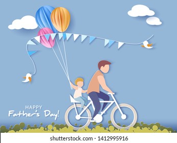 Handsome man and his son bicycling with air balloons. Happy fathers day card. Paper cut style illustration - Powered by Shutterstock