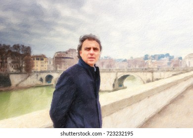 Handsome Middle-aged Man Dressed In Dark Coat With Three-day Beard, Salt Pepper Hair And Worried Look While Buildings On The Background In Rome