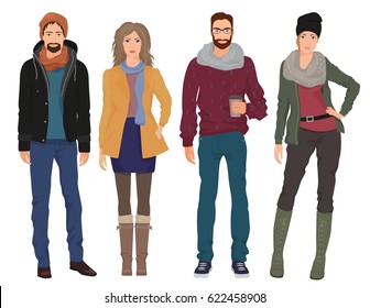 Handsome young guys men with beautiful girls models in autumn spring casual modern fashion clothes isolated. People couples. - Powered by Shutterstock