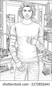 A Handsome Young Man In Casual Clothes With A Cigarette In Hand Poses In The Messy Living Room. Relaxing Coloring Page For Teens And Adults. Line Drawing On White Background.