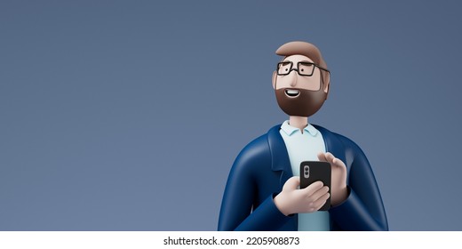 Handsome Young man Using Smartphone Standing on the Night City Street Full of Neon Light. Portrait of Gorgeous Smiling male Using Mobile Phone.3d illustration. - Powered by Shutterstock