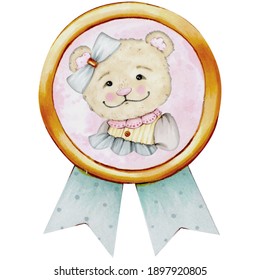 Hand  stitched beige   blue teddy bear portrait cute teddy bear and hand  drawn bow  Ideal for the design baby clothes  cards  posters  tests  appliques  stickers 