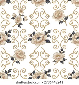 Hand-Stitched Floral Wallpaper Pattern with Repeating Embroidery Motifs. An elegant 2D top-down view of a repeating embroidery floral wallpaper pattern. This professional illustration features a variety of stitched cream blossoms and roses accented with golden filigree swirls and deep navy leaves. Each element is rendered with a realistic hand-stitched thread texture, meticulously arranged in a seamless-style decorative layout. Isolated on a neutral background, this high-quality graphic is ideal for luxury branding, interior design mockups, vintage-style textile prints, and digital scrapbooking.

#embroidery #floralpattern #wallpaper #handstitched #needlework #textiledesign #vintagefloral #goldenfiligree #stitchart #crafting #luxurybranding #repeatingpattern #botanicalart #floralmotif #threadtexture #sewing #handmade #applique #shabbychic #interiordesign #flowerdecoration #isolated #flatlay #topdown #designelements #stockart #clipart #digitalcrafts #elegantfloral #gardentheme #needlecraft #floralarrangement #prettyflowers #stitchery #artisticfloral #creamblossoms #goldthread #patternbackground #diycrafts #botanicalart #threadwork #creativeassets #floralbranding #whimsicalart #decorativeflowers #stitchedtexture #floralbundle #natureart #seamlessdesign #ornamental