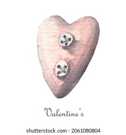 hand  stitched heart and buttons Isolated white background  Watercolor valentines day clipart 