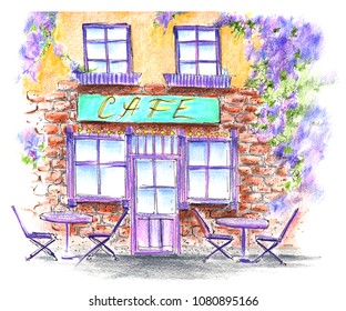 Handwork Watercolor Illustration. Street Cafe. Provence France. 