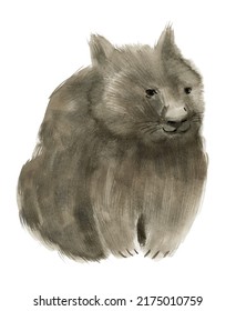 Handwork Watercolor Illustration Of A Wombat In White Background.