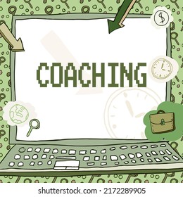 Handwriting text Coaching. Business concept person supports client in achieving specific personal goal Poster decorated with monetary symbols displaying punctuality of employees. - Powered by Shutterstock