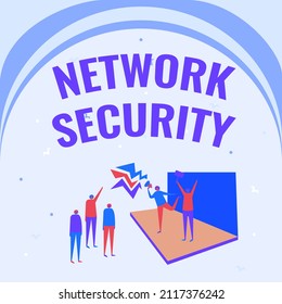 Handwriting Text Network Security. Business Idea Practice Of Securing A Computer Web From Intruders Illustration Of Couple On Stage Making Announcement To The Small Crowd.