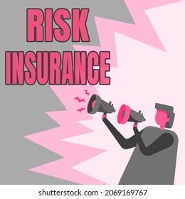 Handwriting Text Risk Insurance. Business Concept The Possibility Of Loss Damage Against The Liability Coverage Businessman Drawing Holding A Pair Of Megaphones Making New Announcement.