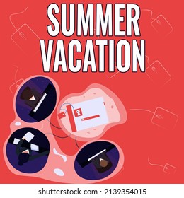 Handwriting text Summer Vacation. Concept meaning the time when children do not go to school in the summer Colleagues Having Office Meeting Sharing Thoughts Showing New Project Plan.