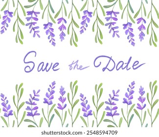 Handwritten brush calligraphy Save the date, lavender flowers frame isolated on white for wedding invitation, greeting cards. watercolor floral illustration, horizontal banner - Powered by Shutterstock