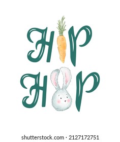 Handwritten Lettering Hip Hop With Hand Drawn Rabbit Head And Carrot. Illustration.