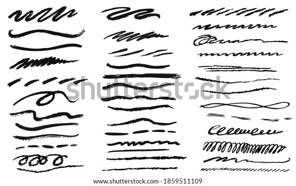 Handwritten line. Doodle handwritten grunge\
pencil line icon set on white. Hand drawn graphite art scribble\
smear sketch element collection illustration. Black stroke or ink\
brush\
drawing