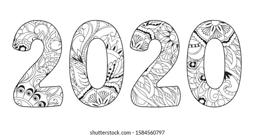 Handwritten Number 2020 Patterned With Henna Mehndi Flowers  Isolated On White. Handwritten Font 2020 For Decorate Calendar, Banner, Poster, Invitation, New Year Card, Adult Coloring Book.