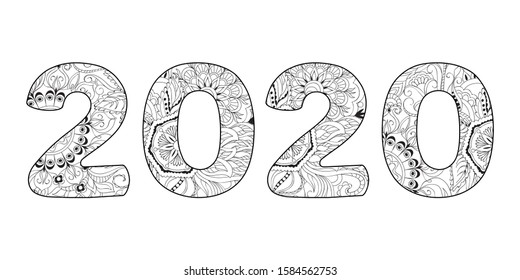 Handwritten Number 2020 Patterned With Henna Mehndi Flowers  Isolated On White. Handwritten Font 2020 For Decorate Calendar, Banner, Poster, Invitation, New Year Card, Adult Coloring Book.