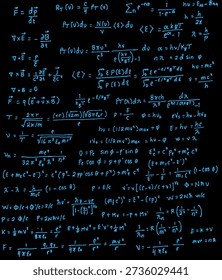 Handwritten Quantum Physics Formulas - Random Scientific Equations Background :
Close-up of randomly handwritten quantum physics formulas written with a pen on paper. The page features scattered equations, wave functions, integrals, Schrödinger equations, Greek symbols, and complex mathematical notations in dark ink. This academic science background captures the essence of theoretical physics study, research notes, and advanced quantum mechanics calculations. Ideal for education, scientific publications, technology concepts, and STEM learning visuals.