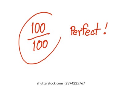 Handwritten with red ink to show exam result with scores 100 from total of 100 Perfect. Concept , educational evaluation Using compliment word to encourage and motivate of learning.   - Powered by Shutterstock