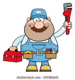 Handyman Cartoon Character With Wrench And Tool Box. Raster Illustration Isolated On White
