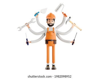 Handyman concept. Builder plumber or painter plasterer cartoon character, funny worker or engineer with wrench, screwdriver, hammer and roller in hands isolated icon 3d illustration - Powered by Shutterstock