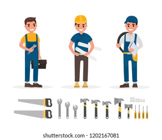 Handyman, plumber, foreman, engineer and builder elements collection with various people actions. Set of workers and hand tools in flat style - Powered by Shutterstock