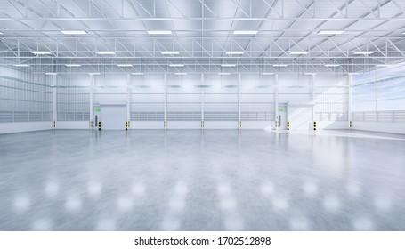 Hangar Or Industrial Building. Protection With Security Door Or Roller Shutter Or Overhead Door. Interior Design With Concrete Floor, Steel Structure And Empty Space For Industry Background. 3d Render