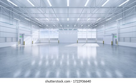 Hangar Or Industrial Building. Protection With Security Door Or Roller Shutter Or Overhead Door. Interior Design With Concrete Floor, Steel Structure And Empty Space For Industry Background. 3d Render