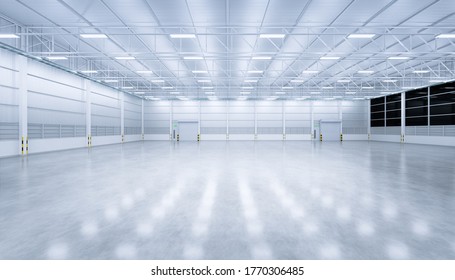 3D-Darstellung des großen Hangargebäudes und des Betonbodens und der offenen Verschlusstür in Perspektive auf den Hintergrund, sauberer und neuer Zustand, Nachtzeit.