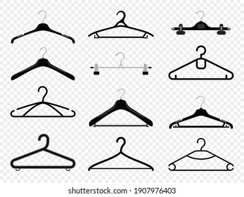 Hanger Silhouettes. Hangers Clothes Fashion Equipment Isolated On , Retail Boutique Or Wardrobe House Hang Out Metal Racks With Hooks For Coat And Dress, Pants And Shirt,